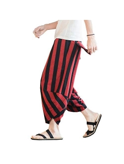 DOSLAVIDA Men's Linen Harem Capri Pants Lightweight Elastic Waist Wide Leg Cropped Trousers Casual Loose Beach Capris