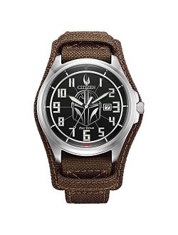 Men's Star Wars Mandalorian Stainless Steel Eco-Drive Dress Watch with Leather Strap, Brown, 22 (Model: AW1411-05W)