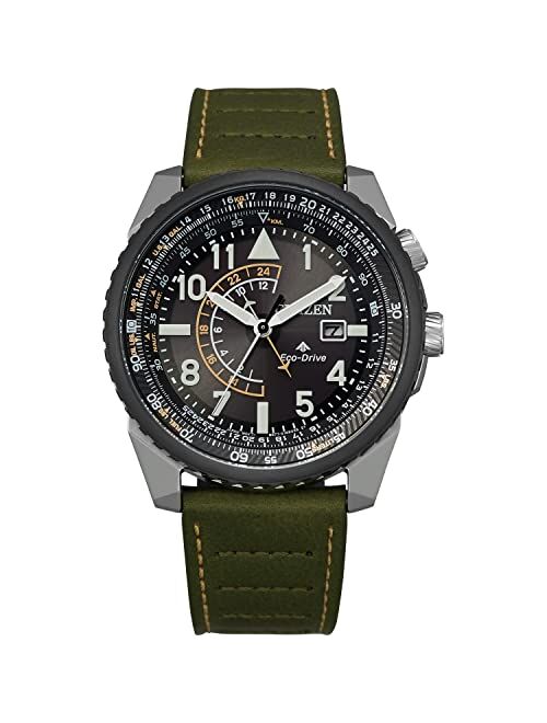 Citizen Men's Promaster Nighthawk Stainless Steel Eco-Drive Aviator Watch with Leather Strap, Green, 22 (Model: BJ7138-04E)