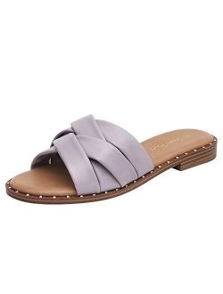 Women' s Cute Slip On Studded Flat Slides Sandals