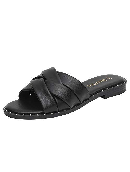 DREAM PAIRS Women' s Cute Slip On Studded Flat Slides Sandals