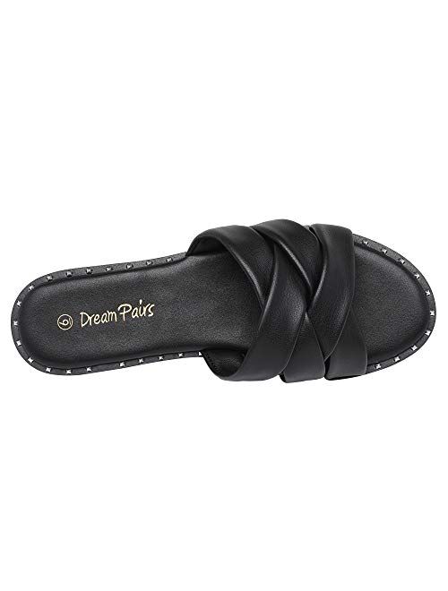 DREAM PAIRS Women' s Cute Slip On Studded Flat Slides Sandals