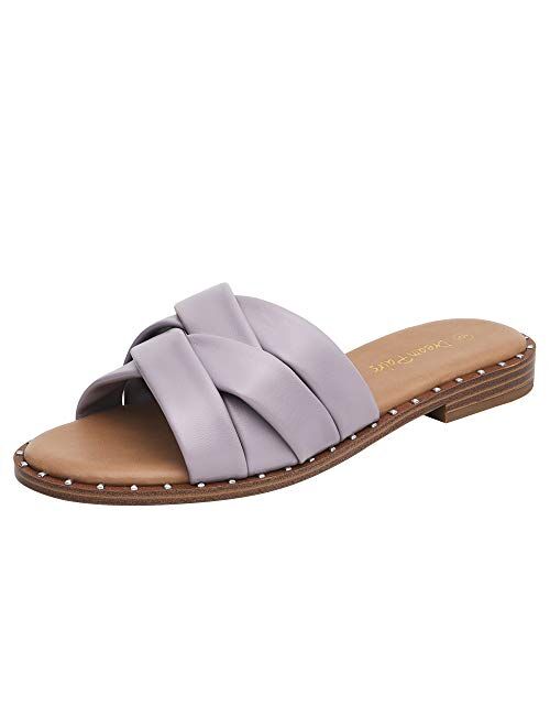 DREAM PAIRS Women' s Cute Slip On Studded Flat Slides Sandals