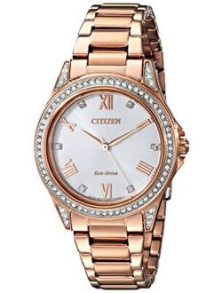 Eco-Drive Casual Quartz Womens Watch, Stainless Steel, Crystal, Pink Gold-Tone (Model: EM0233-51A)