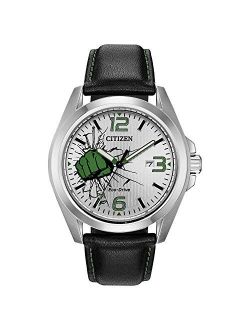 Eco-Drive Marvel Quartz Mens Watch, Stainless Steel with Leather strap, Hulk Smash, Black (Model: AW1431-24W)