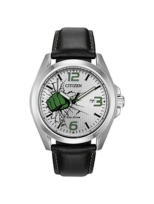 Citizen Eco-Drive Marvel Quartz Mens Watch, Stainless Steel with Leather strap, Hulk Smash, Black (Model: AW1431-24W)