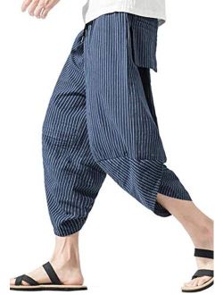 MIZOK Men's Striped Harem Capris Casual Wide Leg Baggy Linen Cotton Pants with Elastic
