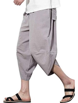 MIZOK Men's Striped Harem Capris Casual Wide Leg Baggy Linen Cotton Pants with Elastic