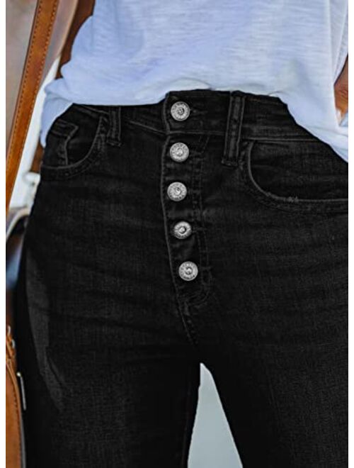 Sidefeel Womens Distressed Button Fly Jeans Raw Hem Bell Bottom Denim Pants