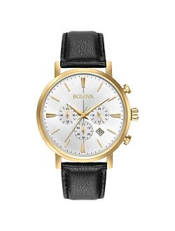 Classic Chronograph Mens Stainless Steel with Black Leather Strap, Gold-Tone (Model: 97B155)
