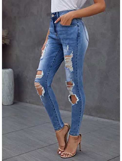 Sidefeel Women Button Fly High Rise Distressed Ripped Skinny Denim Jeans