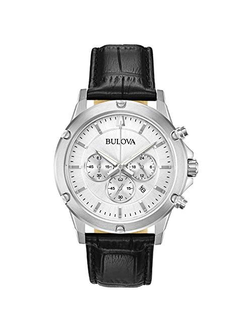 Bulova Classic Chronograph Mens Stainless Steel with Black Leather Strap, Silver-Tone (Model: 96B297)