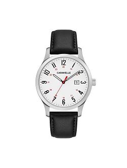 Caravelle Traditional Quartz Mens Watch, Stainless Steel with Black Leather Strap, Silver-Tone (Model: 43B152)
