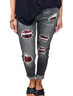 Sidefeel Women Buffalo Plaid Patchwork Destroyed Skinny Jeans Denim Pants