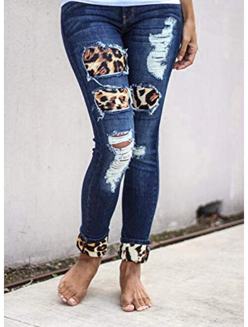 Sidefeel Women Buffalo Plaid Patchwork Destroyed Skinny Jeans Denim Pants