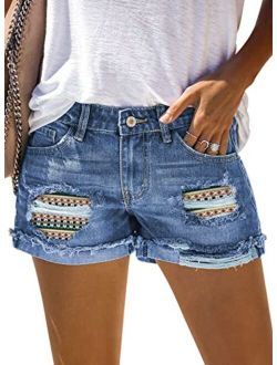 Sidefeel Women Mid Rise Distressed Cuffed Rolled Hem Casual Denim Jeans Shorts
