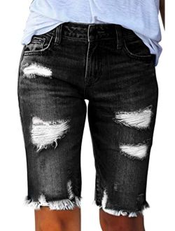 Sidefeel Women Bermuda Shorts Denim Destroyed Raw Hem Shorts Jeans