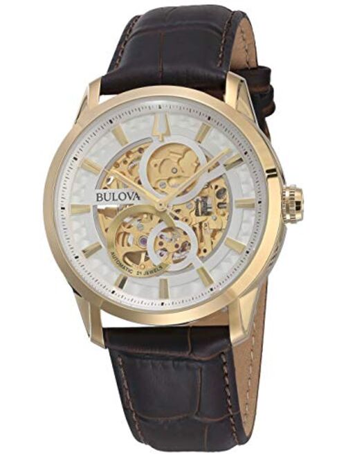 Men's Bulova Automatic 21 Jewels Classic Sutton Automatic Skeleton Dial Brown Leather Strap Watch 97A138