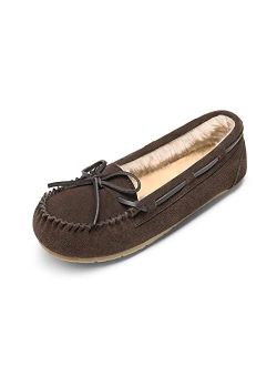 Faux Fur Cozy Moccasin House Slippers Suede Leather Shoes for Indoor and Outdoor Wear