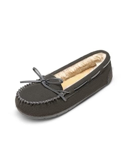 Faux Fur Cozy Moccasin House Slippers Suede Leather Shoes for Indoor and Outdoor Wear