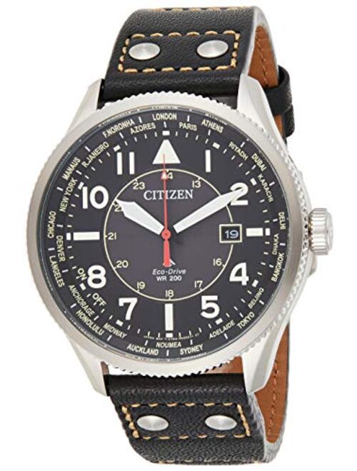 Citizen Eco-Drive Avion World Time Mens Watch, Stainless Steel with Leather strap, Weekender, Black (Model: BX1010-02E)