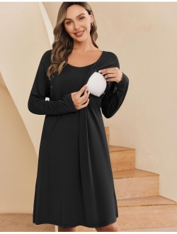 Women’s Nursing/Delivery/Labor Nightgown Long Sleeve Maternity Sleepshirt for Breastfeeding with Button