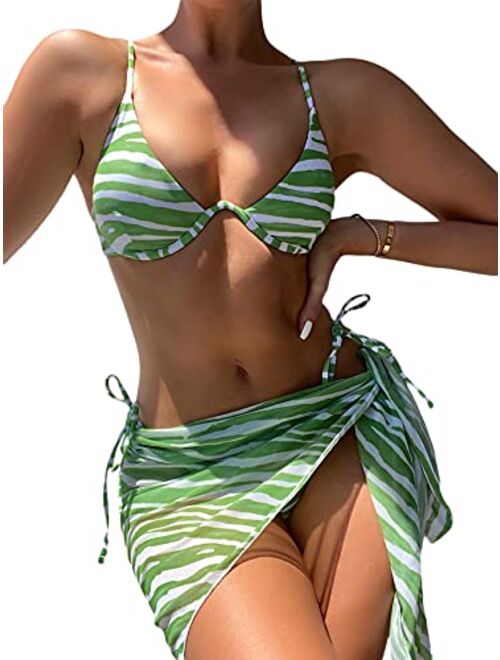 Romwe Women's 3 Pack Criss Cross Halter Cheeky Bathing Suit with Beach Skirt