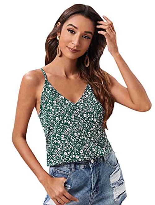Romwe Women's Elegant Lightweight Sleeveless Floral Print V-Neck Cami Tank Top