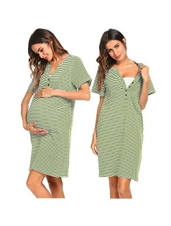 Women Short Sleeve Striped Nursing Nightgown Breastfeeding Sleep Dress