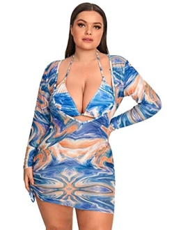 Plus Size Bathing Suits Mesh Drawstring Halter 3 Pieces Swimsuit Bikini Set