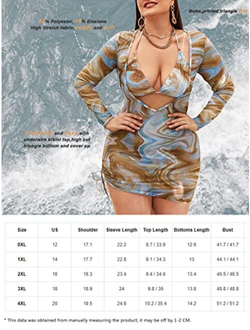 Romwe Plus Size Bathing Suits Mesh Drawstring Halter 3 Pieces Swimsuit Bikini Set