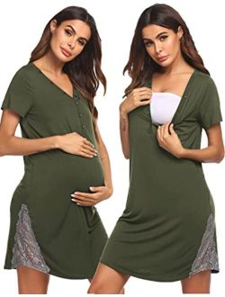 Maternity Hospital Nursing Nightgown Button Down Gown for Breastfeeding Delivery Labor Nightgown with Lace Trim