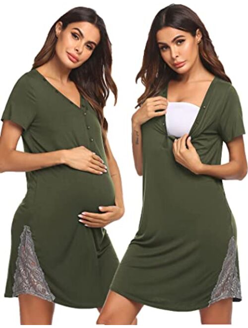 Ekouaer Maternity Hospital Nursing Nightgown Button Down Gown for Breastfeeding Delivery Labor Nightgown with Lace Trim