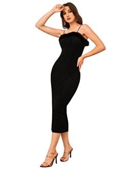 Elegant Prom Velvet Fuzzy Trim Spaghetti Strap Bodycon Split Slim Fit Dress