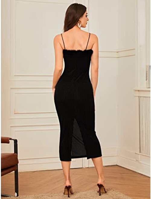 Romwe Elegant Prom Velvet Fuzzy Trim Spaghetti Strap Bodycon Split Slim Fit Dress