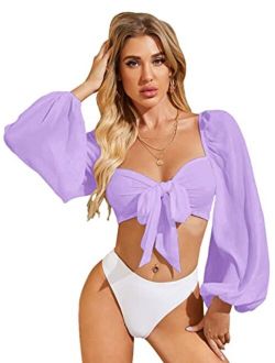 Sweetheart Neck Tie Knot Front Long Sleeve Crop Tops Blouse