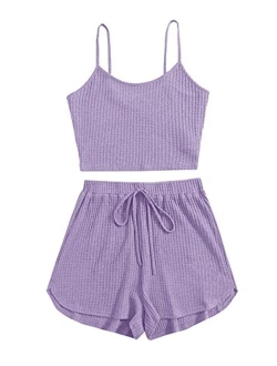 Women's 2 Piece Pajama Set Crop Cami Tops and Shorts Lounge Set Outfit