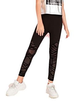 Girl's Geo Print Mesh High Waist Leggings Tights Skinny Yoga Pants Runing Jogger Pants