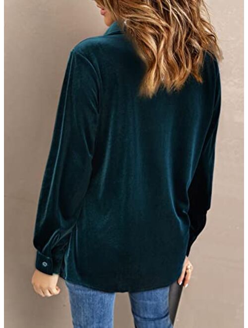 Sidefeel Women Retro Velvet Long Sleeve Button Down Shirt Solid Color Blouse Tops