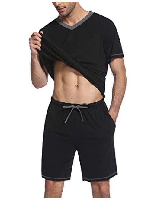 Ekouaer Mens Pajama Set Short Sleeve V Neck 2 Piece Nightwear Shorts With Pockets Summer Sleepwear PJS for Men