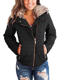 Sidefeel Women Faux Fur Collar Zip Up Front Coat Quilted Jacket Outwear Cardigan