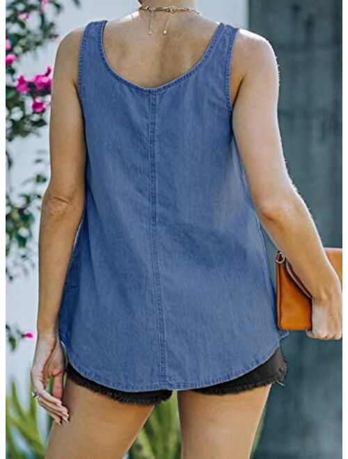 Sidefeel Womens Casual Scoop Neck Denim Tank Tops Sleeveless Loose Fit Shirts