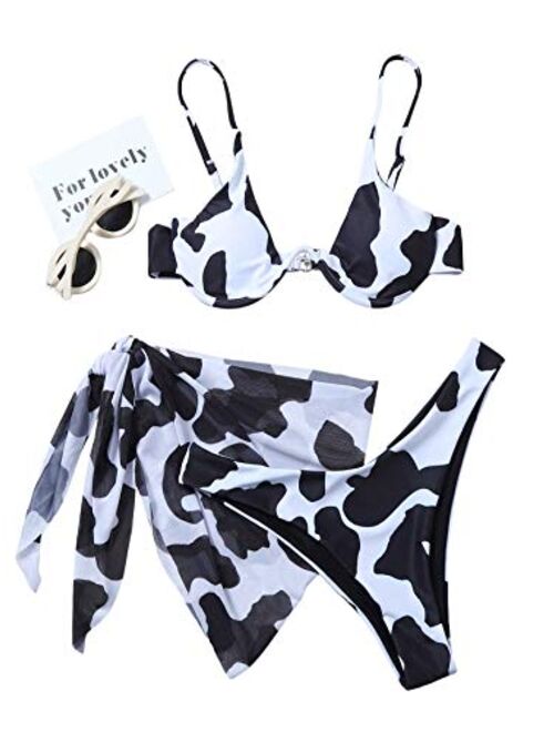 Romwe Women's Cow Print Triangle Bikini Set 3 Piece Swimsuit with Beach Skirt