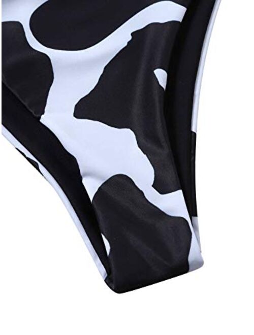 Romwe Women's Cow Print Triangle Bikini Set 3 Piece Swimsuit with Beach Skirt