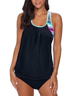 Sidefeel Women Blouson Striped Print Strappy T-Back Swimsuit Push up Tankini Set
