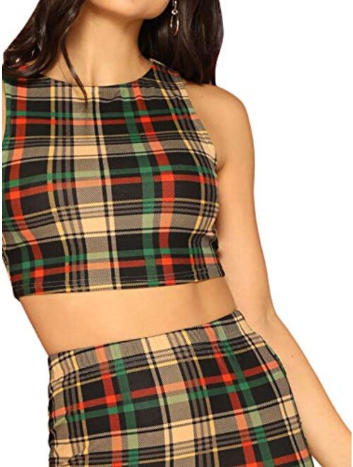 Romwe Women's 2 Piece Crop Tank Top with Skirt Set Plaid Bodycon Mini Dress