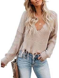 Sidefeel Women V-Neck Long Sleeve Loose Ripped Pullover Knit Sweater Crop Top