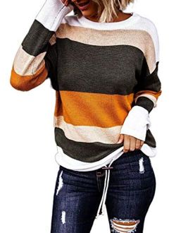Sidefeel Women Striped Long Sleeve Drawstring Hem Color Block Knit Pullover Sweater Tops