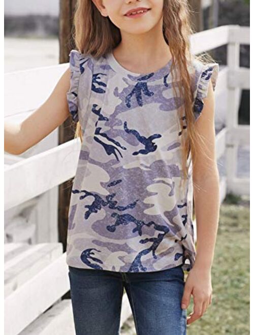 Sidefeel Girls Cute Camouflage Print Sleeveless T-Shirt Ballet Dance Suit Ruffled Sleeves Round Neck Tank Top