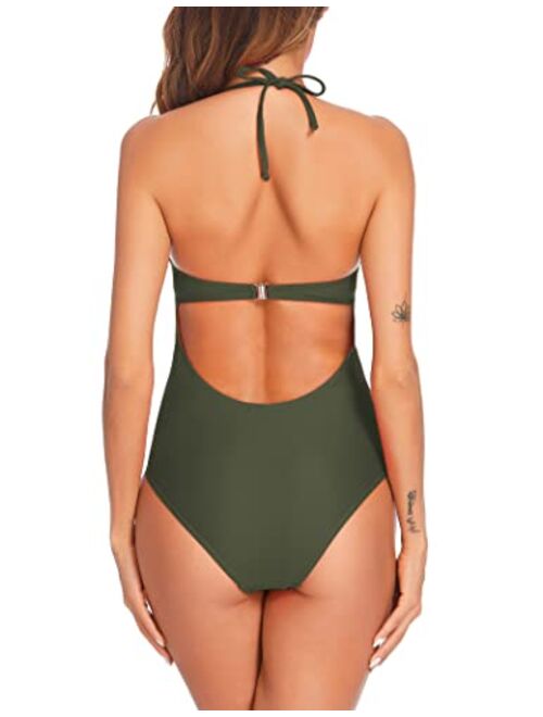 Ekouaer Women Sexy One Piece Swimsuit Halter Pin Up Swimwear Backless Tummy Control Slimming Bathing Suits S-XXL